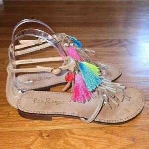New Lilly Pulitzer ZOE SANDAL Gold Metallic Tassel Charm Thong Shoes 6M